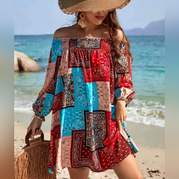 Patchwork Off the Shoulder Boho Summer Dress - Picture 3 of 4